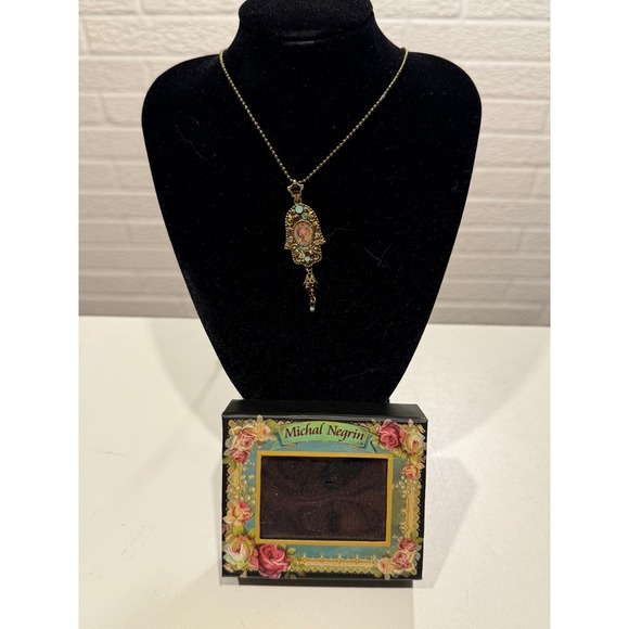 Michal Negrin Hamsa Necklace Gold Tone Filigree Crystals Pendant Boxed - Picture 1 of 6